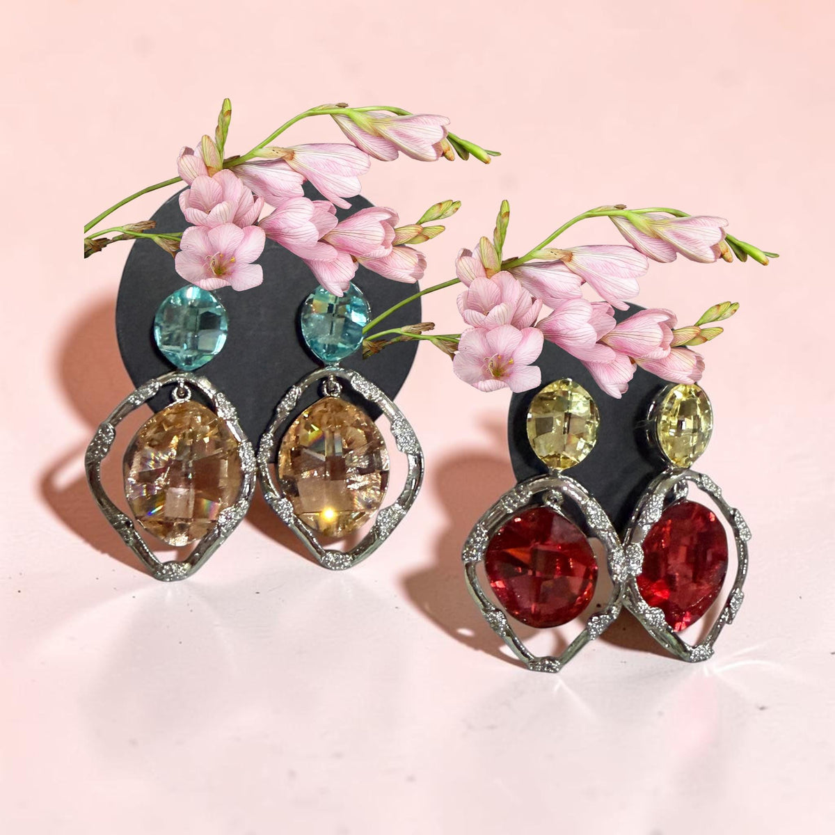 Contemporary Rhodium Finish Swaroski Earrings with Aqua Blue or Ruby Red Stones