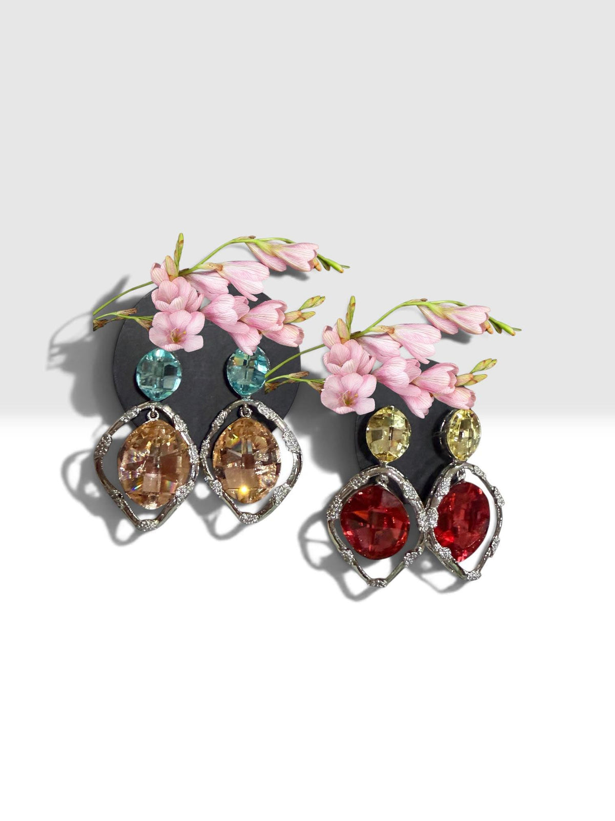 Contemporary Rhodium Finish Swaroski Earrings with Aqua Blue or Ruby Red Stones