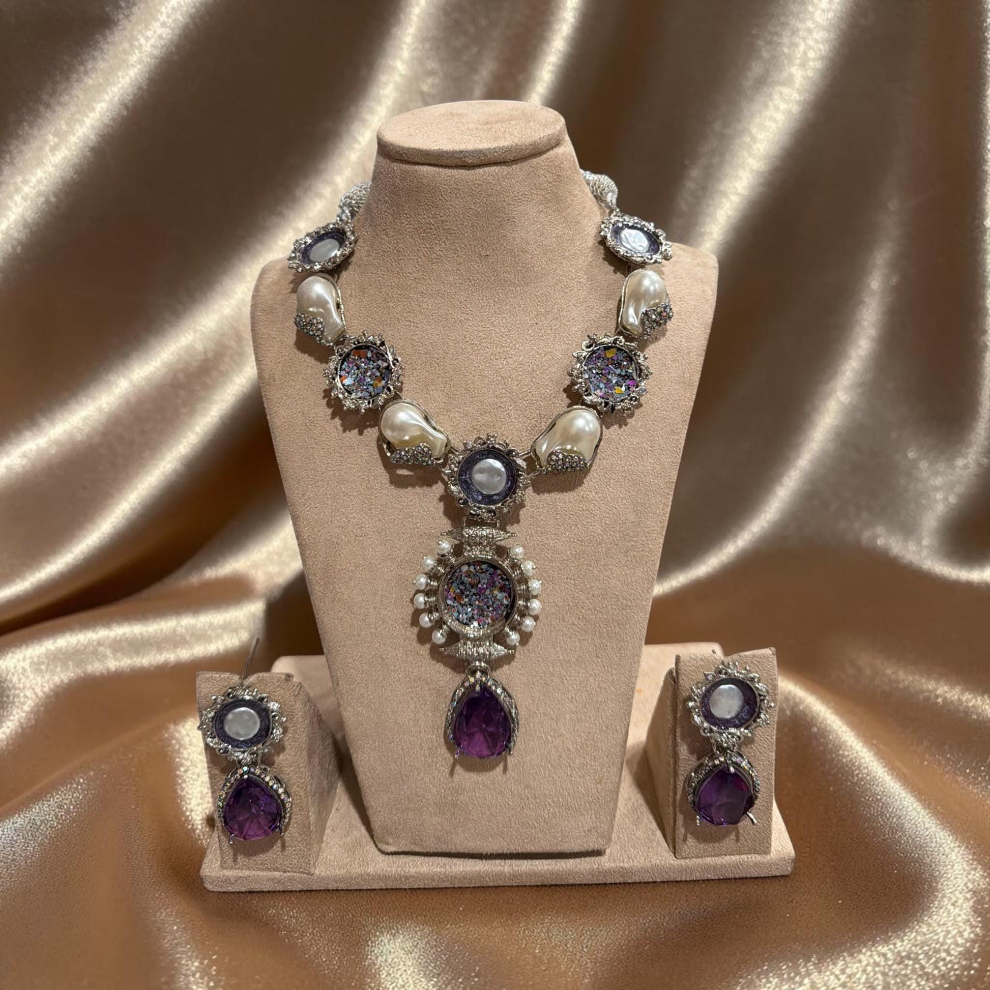 Fusion statement Necklace and Earrings Set, lilac purple designer.