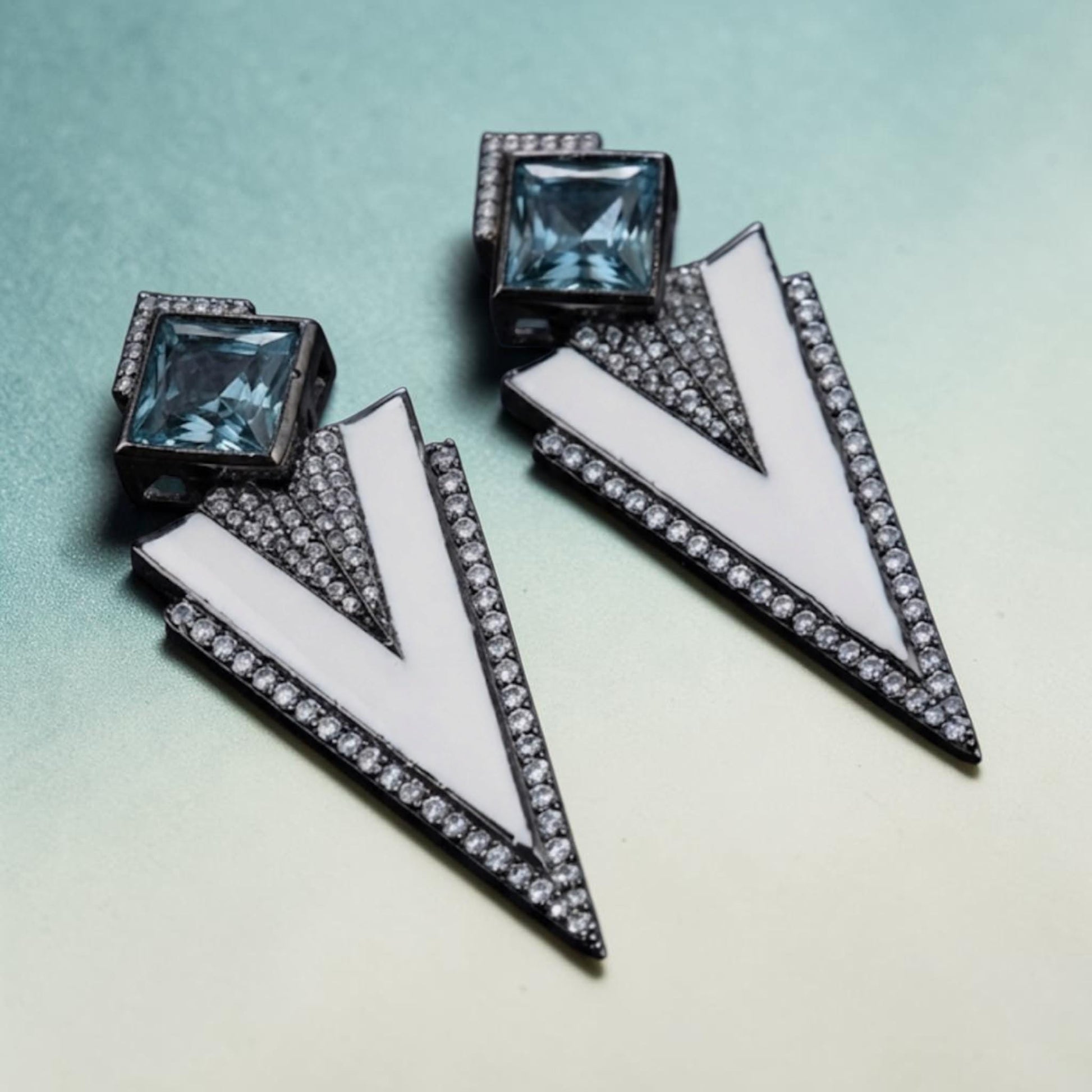 Refresh Your Jewelry Collection with Geometric Aqua Stone and White Enamel Statement Earrings