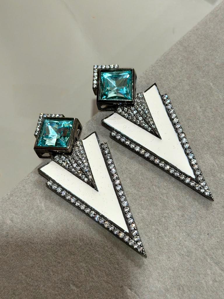 Refresh Your Jewelry Collection with Geometric Aqua Stone and White Enamel Statement Earrings