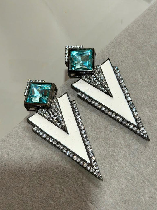 Refresh Your Jewelry Collection with Geometric Aqua Stone and White Enamel Statement Earrings