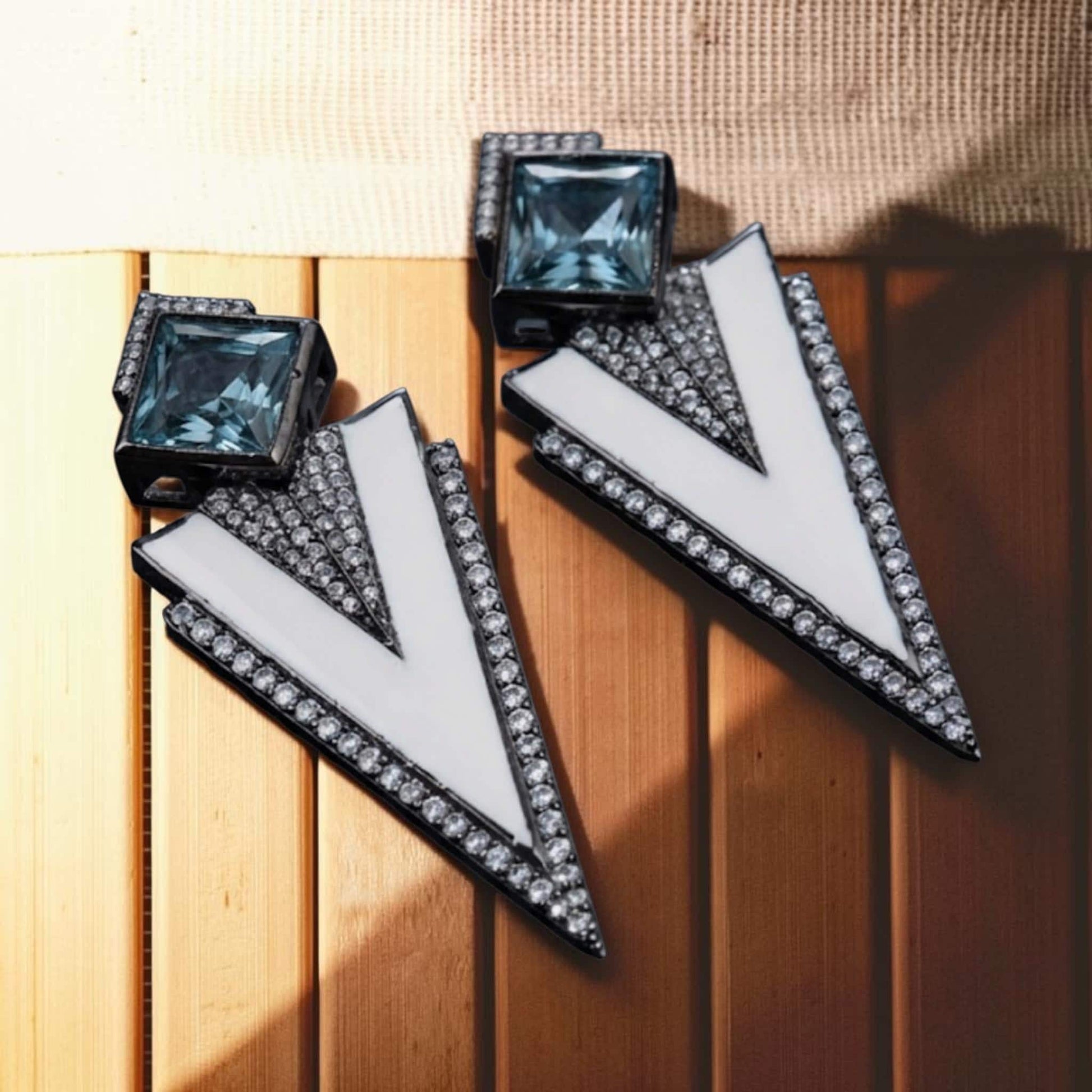 Refresh Your Jewelry Collection with Geometric Aqua Stone and White Enamel Statement Earrings