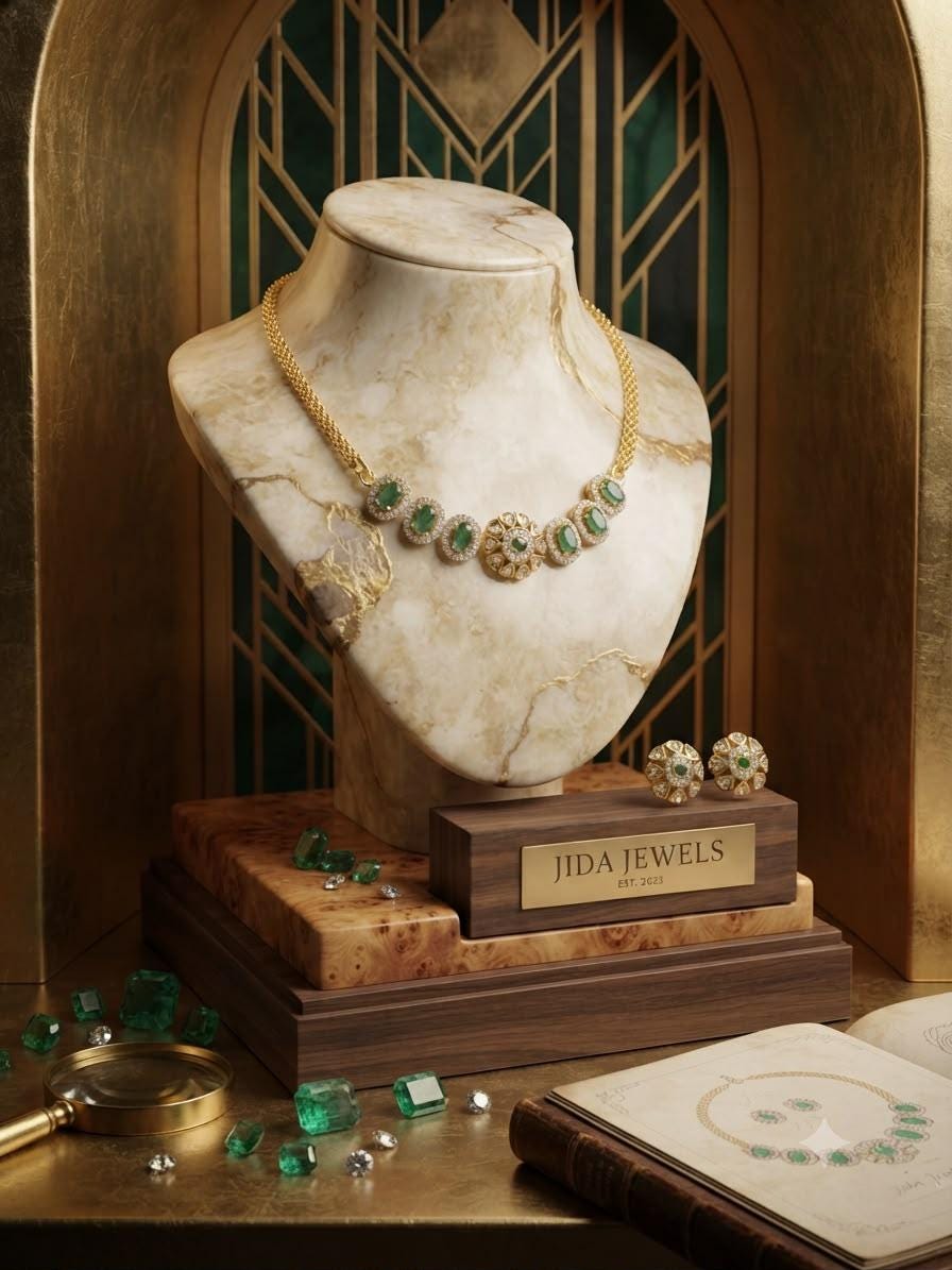 Emerald green Necklace Set with Matching studs women’s gift.
