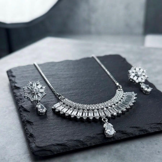 Elegant Silver Tone Cubic Zirconia Necklace with Drop Earrings Set for Women