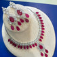 Elegant Highend designer Silver Tone Jewelry Set with Ruby Red Stones for Receptions and Occasions Statement piece