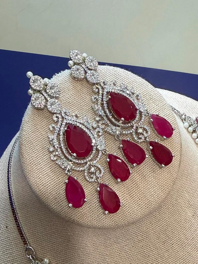 Elegant Highend designer Silver Tone Jewelry Set with Ruby Red Stones for Receptions and Occasions Statement piece