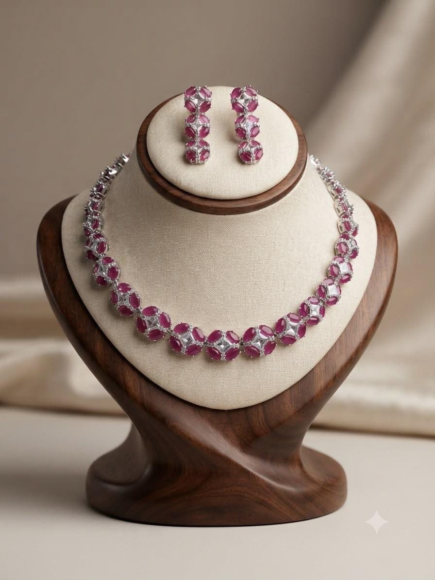 Elegant Cz and pink Ruby stones Bridal Necklace Set with Matching Earrings for Weddings