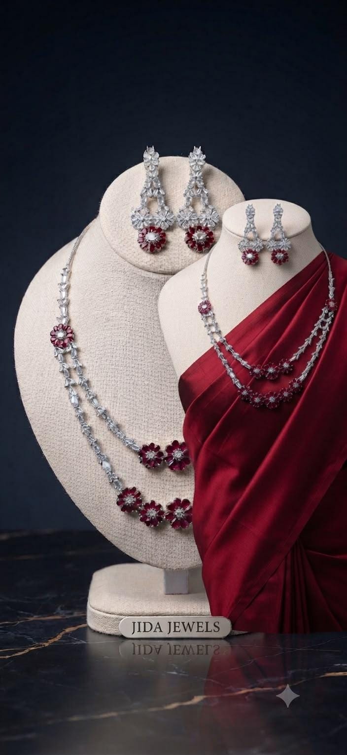 Elegant Highend rhodium silver and ruby double layer necklace set gift for her