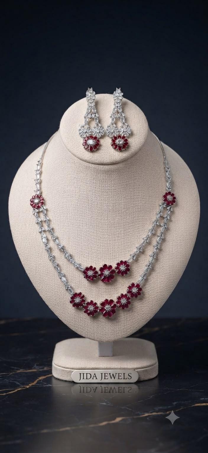 Elegant Highend rhodium silver and ruby double layer necklace set gift for her
