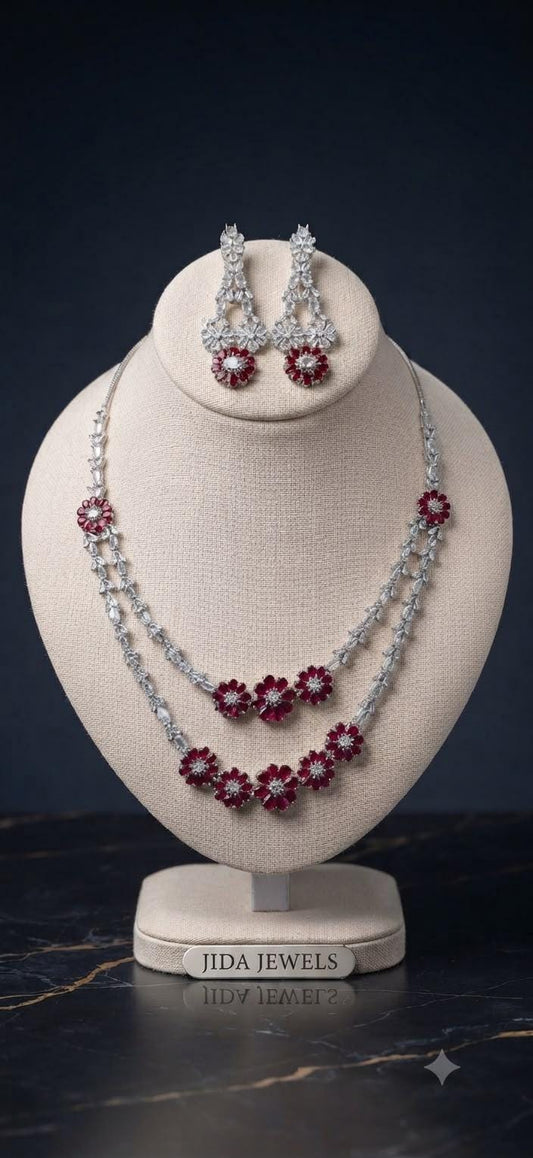 Elegant Highend rhodium silver and ruby double layer necklace set gift for her