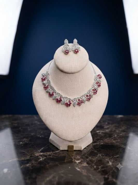 Elegant Silver Tone Ruby Red Floral Necklace Set with Matching Earrings for Special Occasions