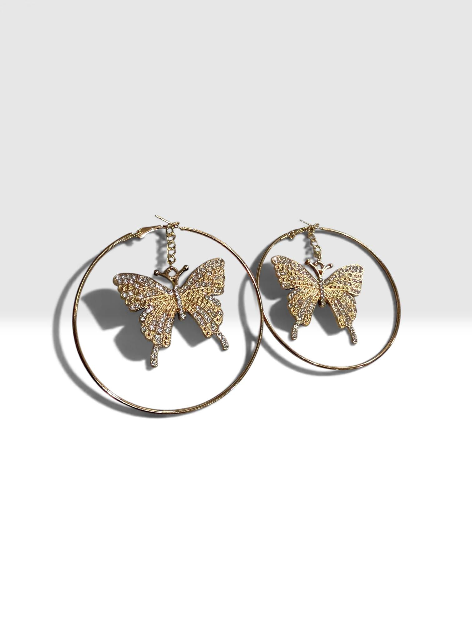 Oversized Butterfly Hoop Earrings in Gold Tone with Sparkling Pavé Detail