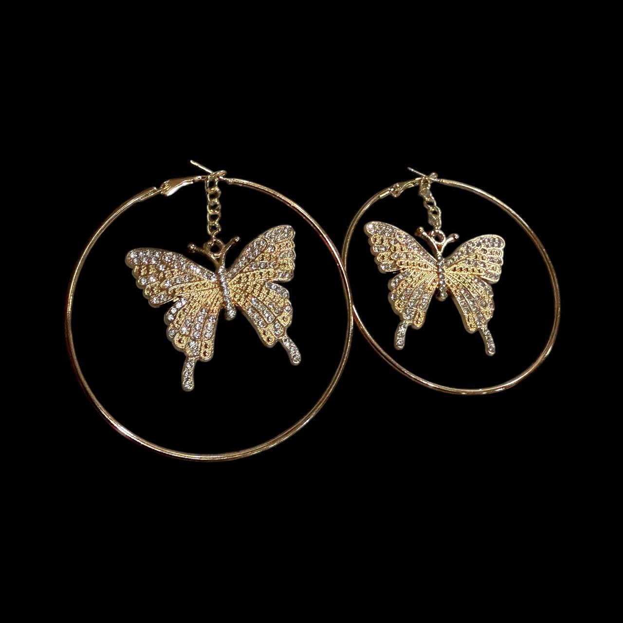 Oversized Butterfly Hoop Earrings in Gold Tone with Sparkling Pavé Detail