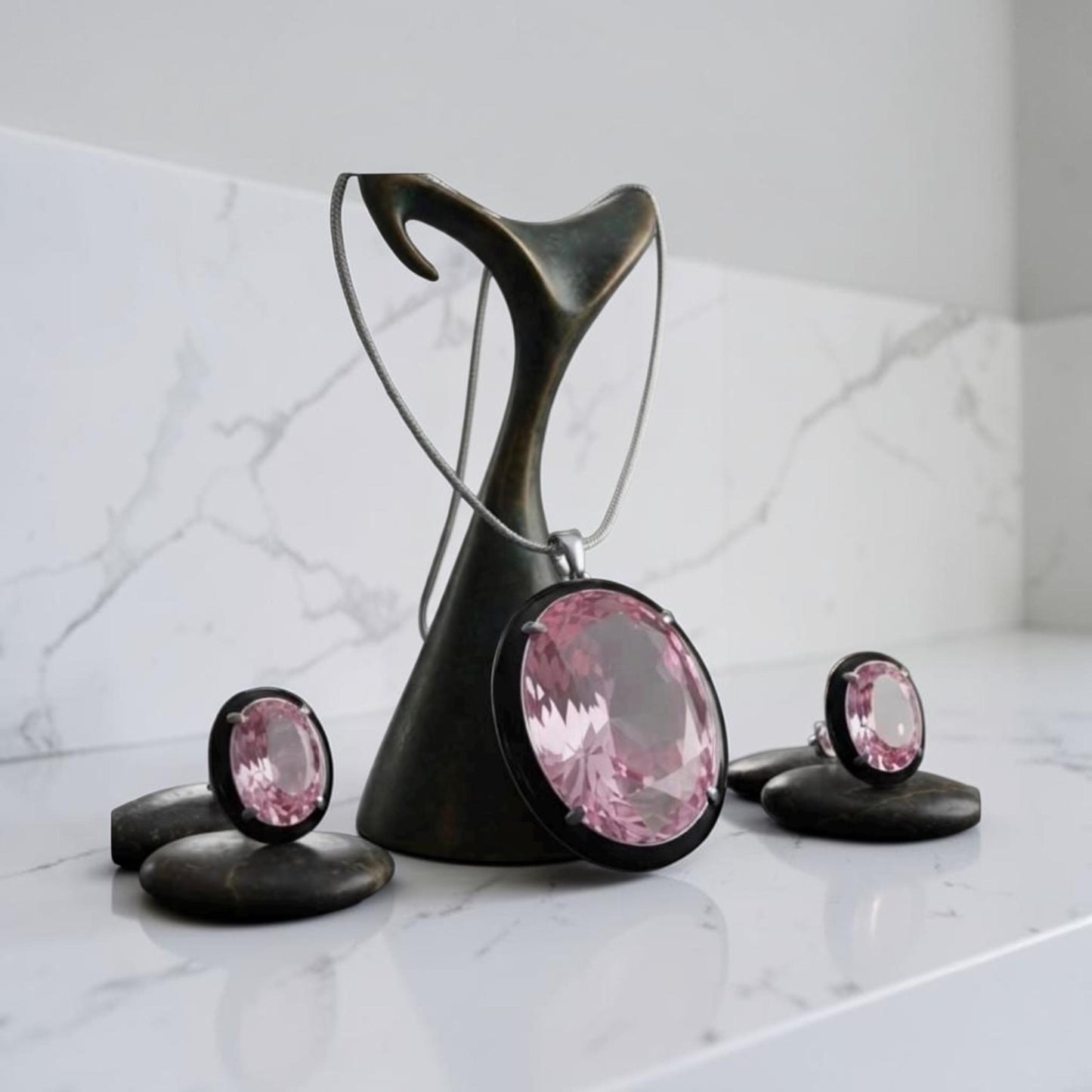 Stylish Modern pentend Set with black enamel , soft rose hue with Matching studs for Every Special Occasion