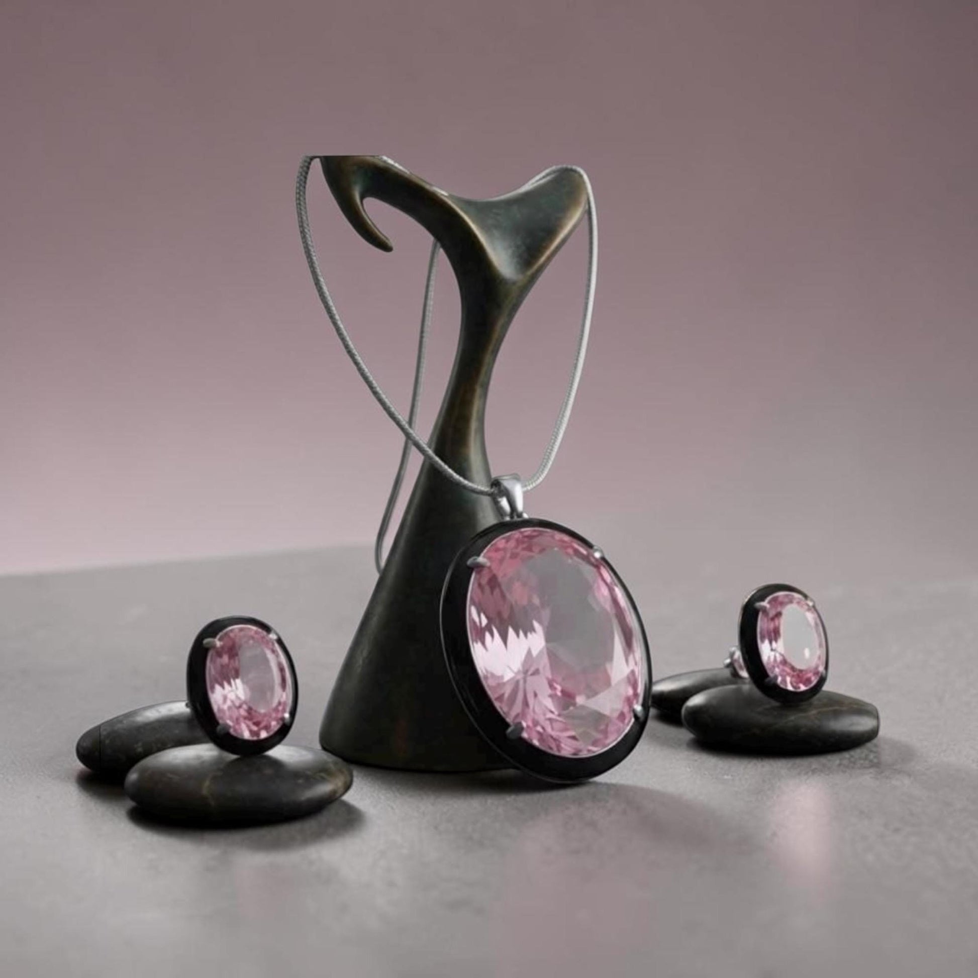Stylish Modern pentend Set with black enamel , soft rose hue with Matching studs for Every Special Occasion