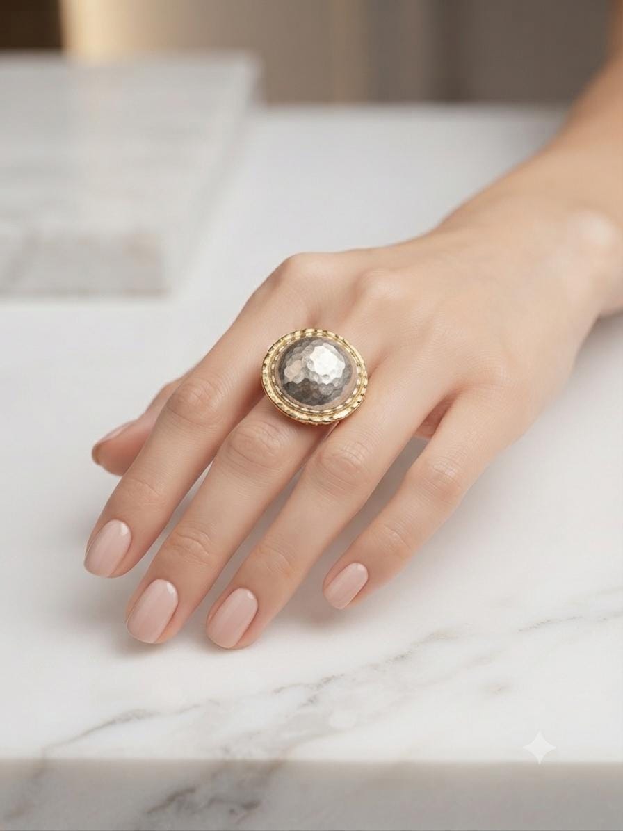 Timeless bohemian Style Ring gold plated hammered natural stone Turkish free size Statement Jewelry