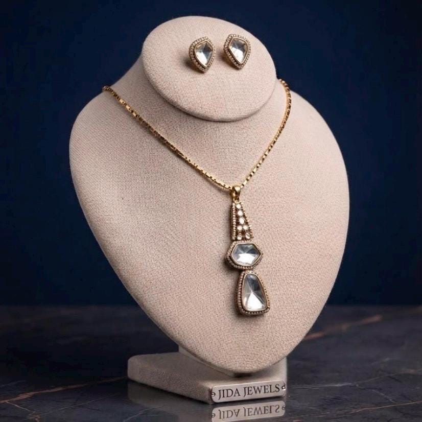 Elegant Gold Plated Kundan monzonite with Ad stones Pendant Necklace Set with Earrings.Antique polish