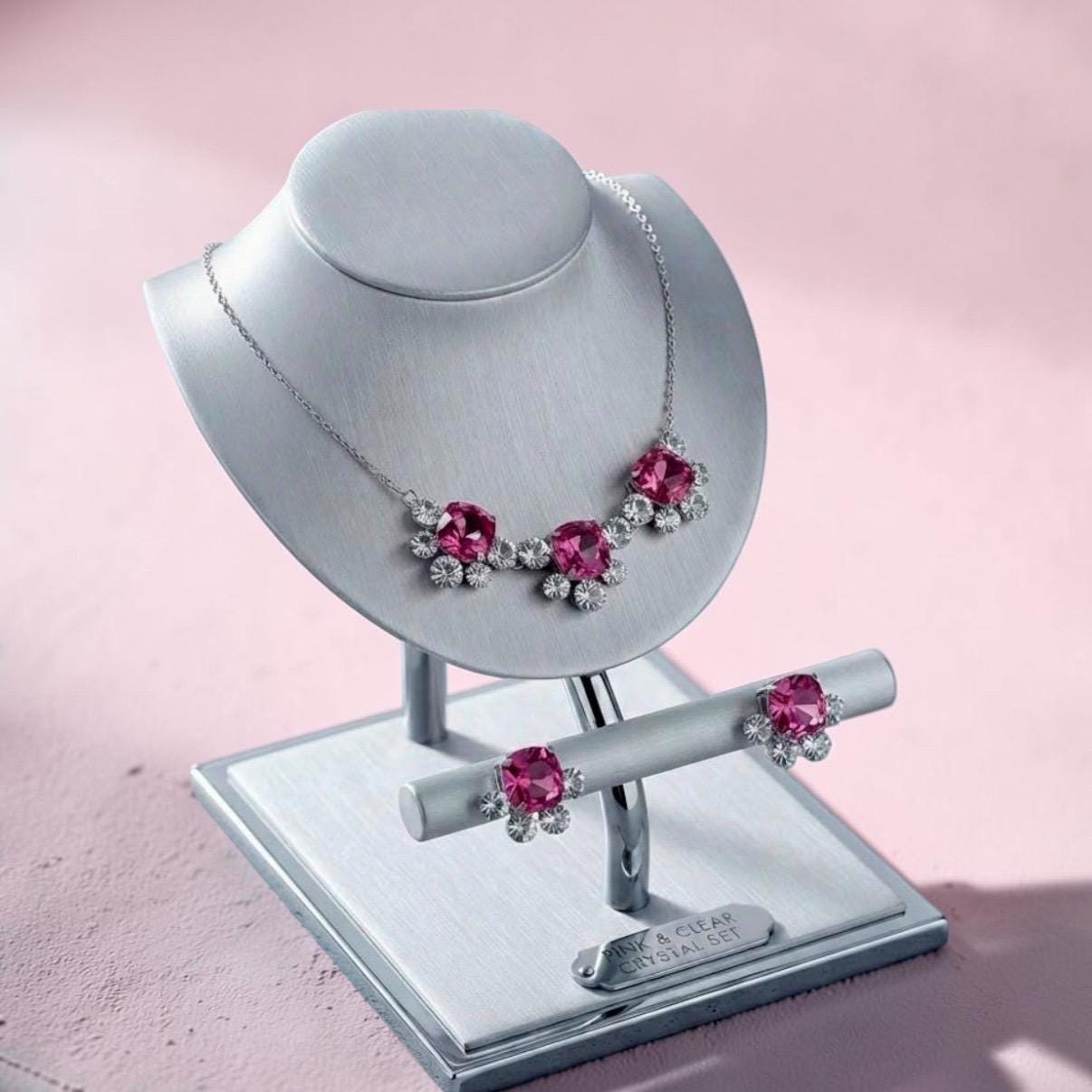 Elegant Silver tone Necklace Set with sarouski/Baguette Cubic Zirconia and Matching Drop Earrings