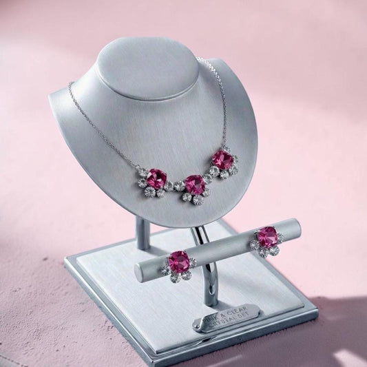 Elegant Silver tone Necklace Set with sarouski/Baguette Cubic Zirconia and Matching Drop Earrings