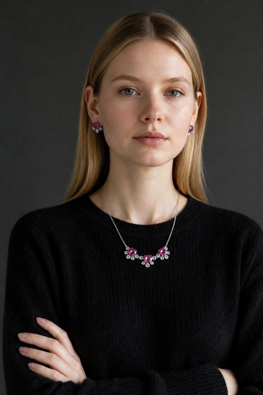 Elegant Silver tone Necklace Set with sarouski/Baguette Cubic Zirconia and Matching Drop Earrings