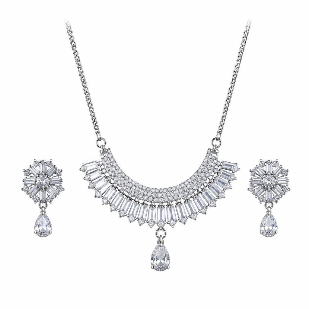 Elegant Silver Tone Cubic Zirconia Necklace with Drop Earrings Set for Women