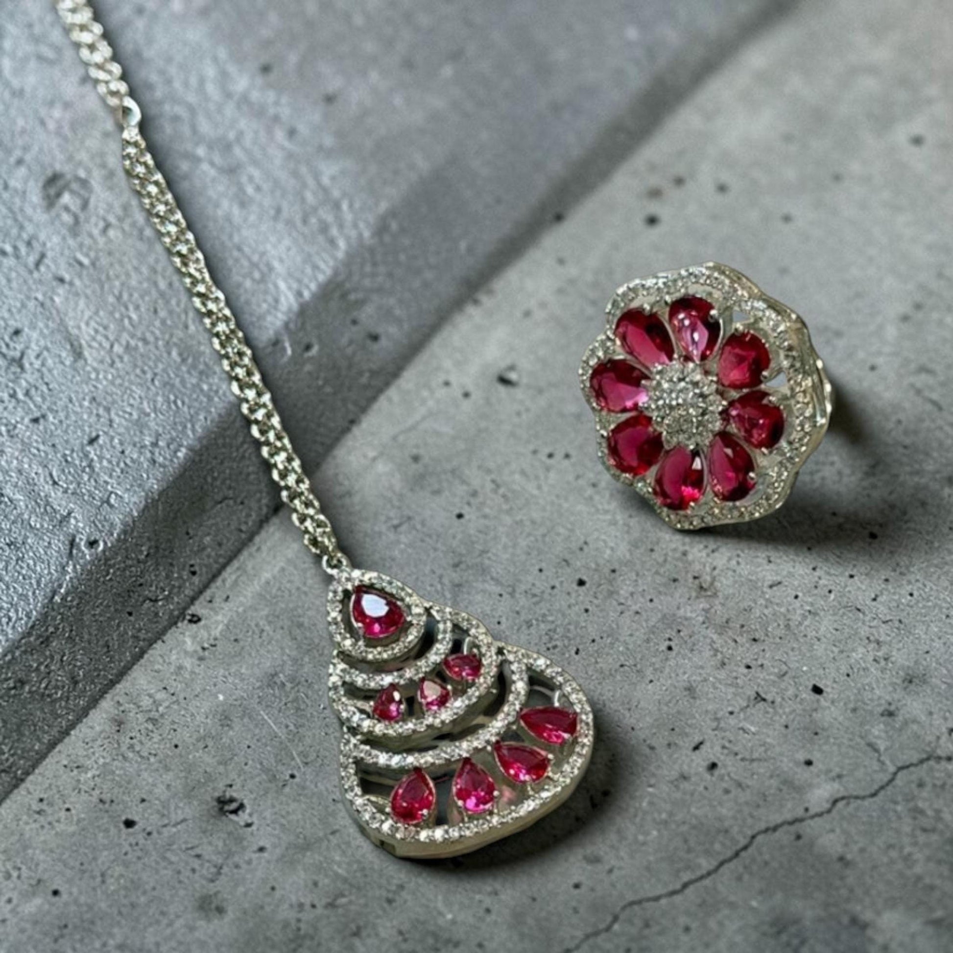 Luxury Silver Tone Ruby Red Bridal Jewelry Set with Matching Earrings and Ring