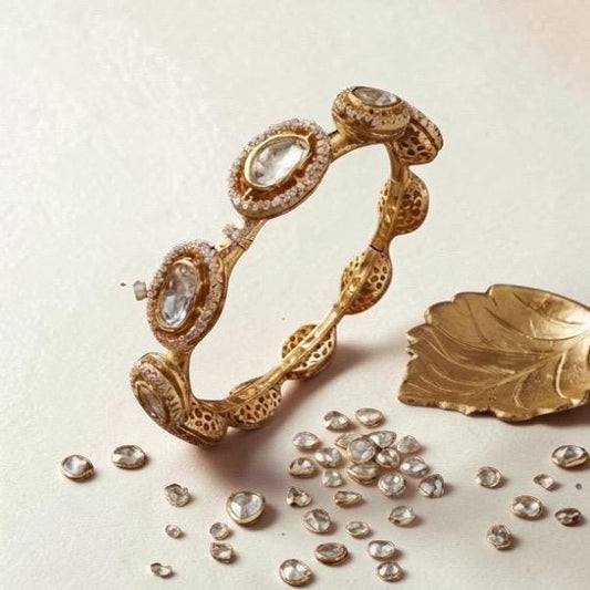 Gold Plated Open Cuff Bracelet, Kundan Style Statement Bangle, Handmade Designer Cuff