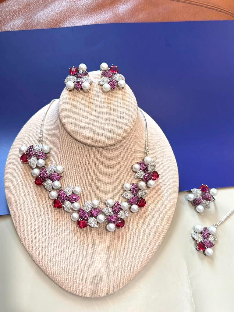 Ruby Red Pearl designer Highend Necklace Set with Matching Earrings ,Ring,tikka for Women