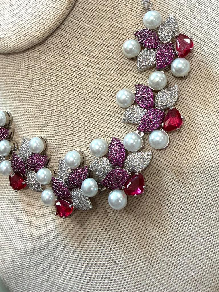 Ruby Red Pearl designer Highend Necklace Set with Matching Earrings ,Ring,tikka for Women