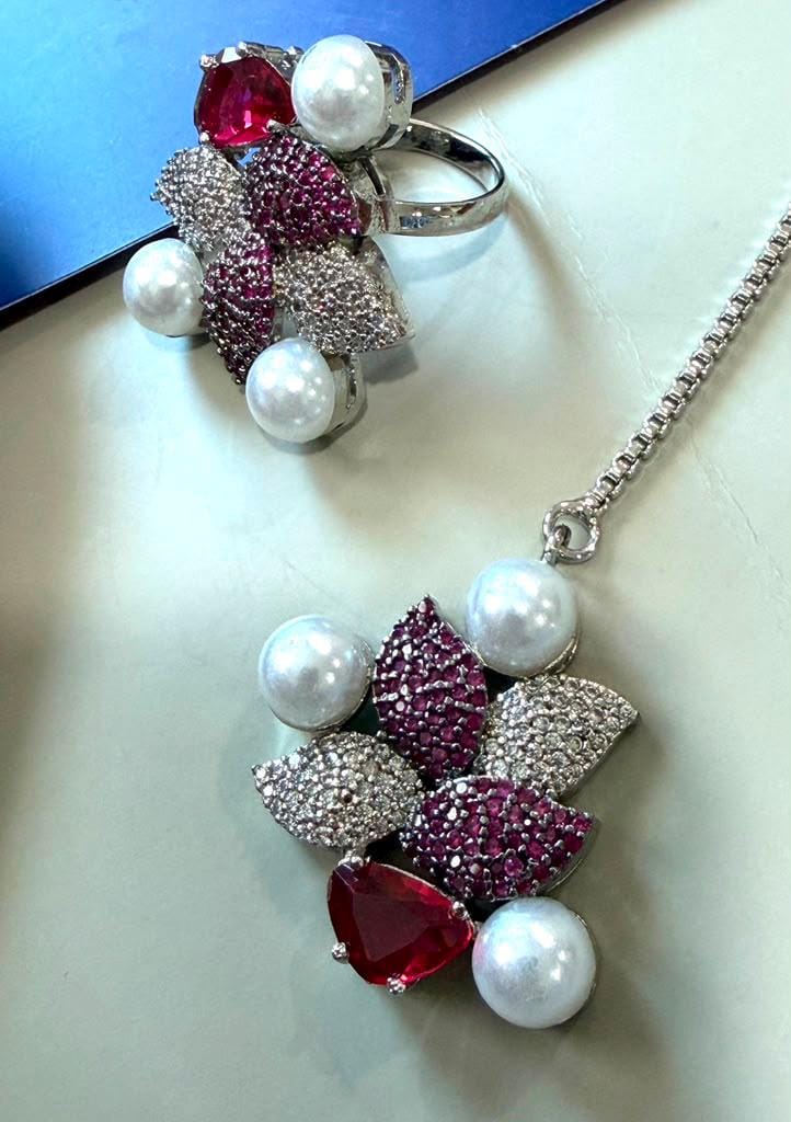 Ruby Red Pearl designer Highend Necklace Set with Matching Earrings ,Ring,tikka for Women