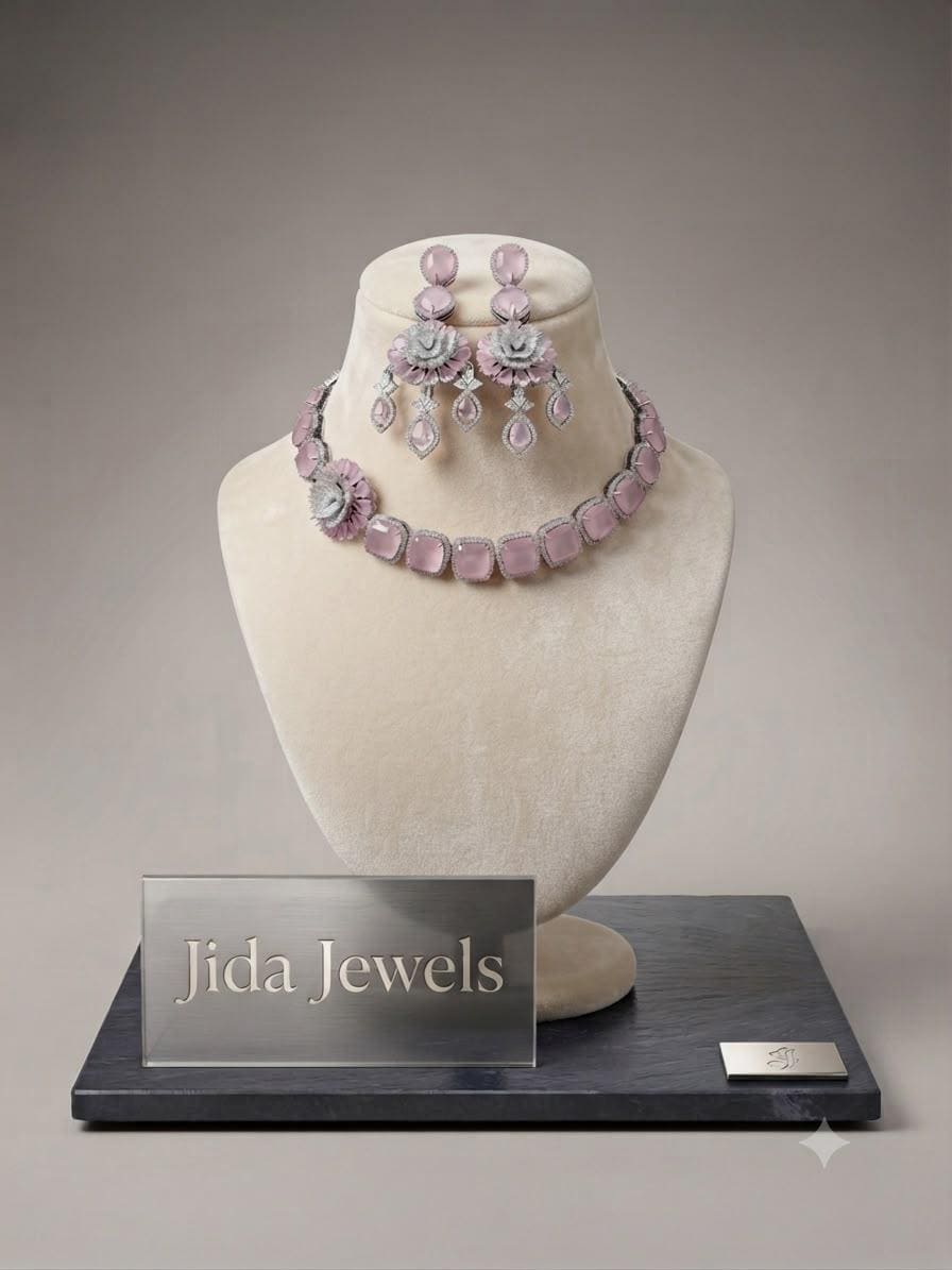 Elegant blush Pink Floral Necklace Set with Matching Drop Earrings for Wedding Wear