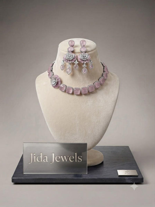 Elegant blush Pink Floral Necklace Set with Matching Drop Earrings for Wedding Wear