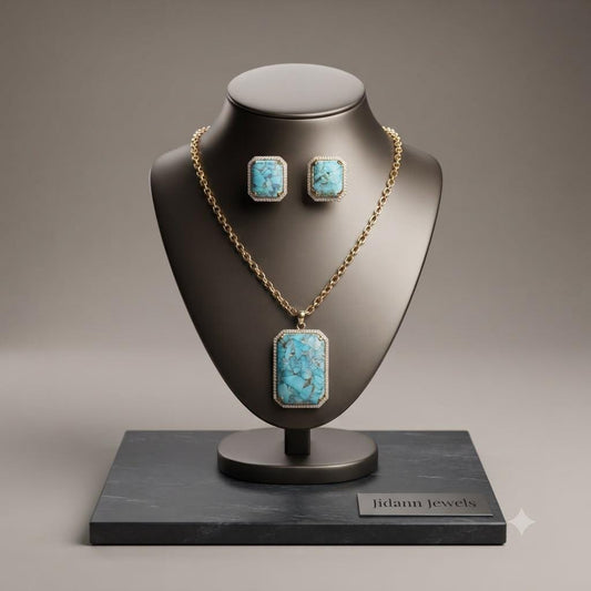 Contemporary marble Turquoise doublet Pendant Set with Matching studs