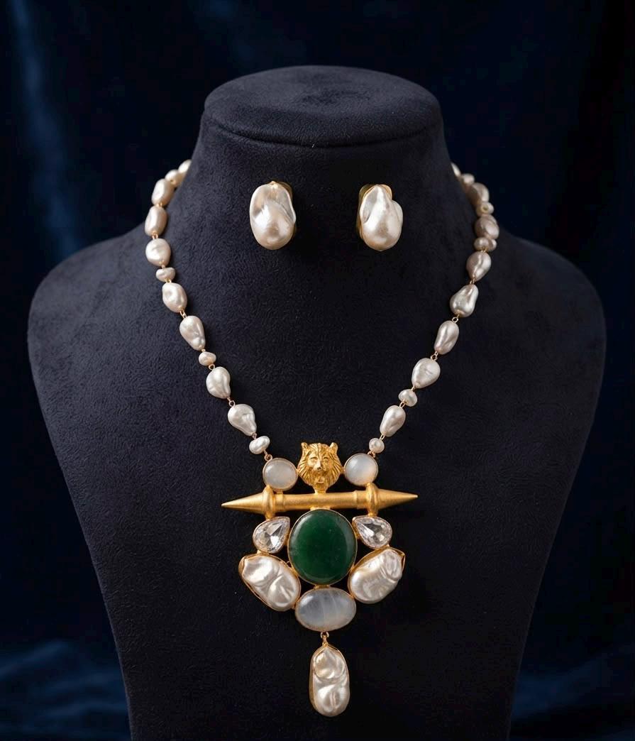 Baroque Pearl Pendant Necklace with Emerald Stone in Gold Tone for Women