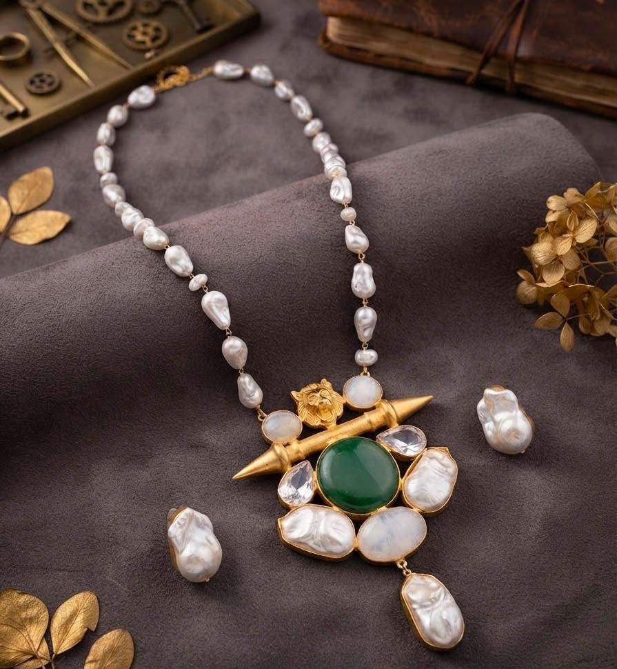 Baroque Pearl Pendant Necklace with Emerald Stone in Gold Tone for Women