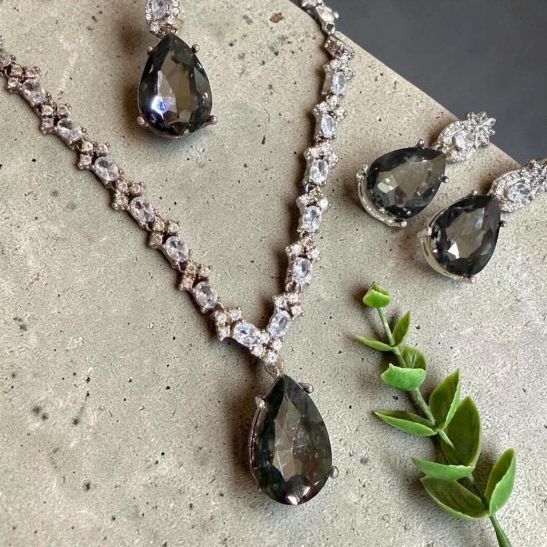 Elegant Necklace Set with Grey /Blue Teardrop and Coordinating Drop Earrings