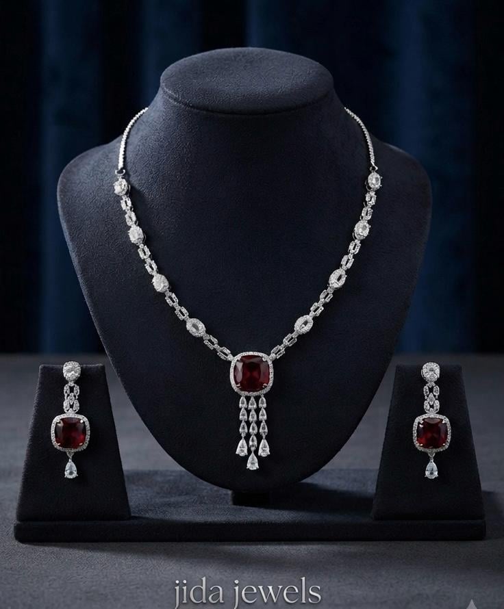 Elegant Ruby Red Necklace Set for Anniversary and Party Wear