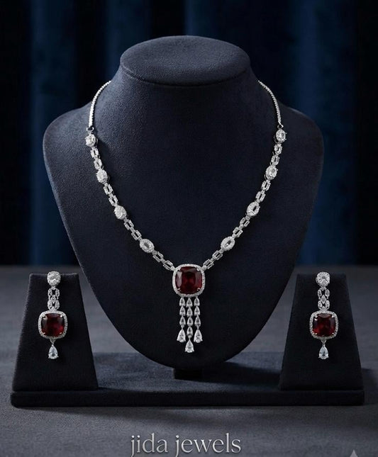 Elegant Ruby Red Necklace Set for Anniversary and Party Wear