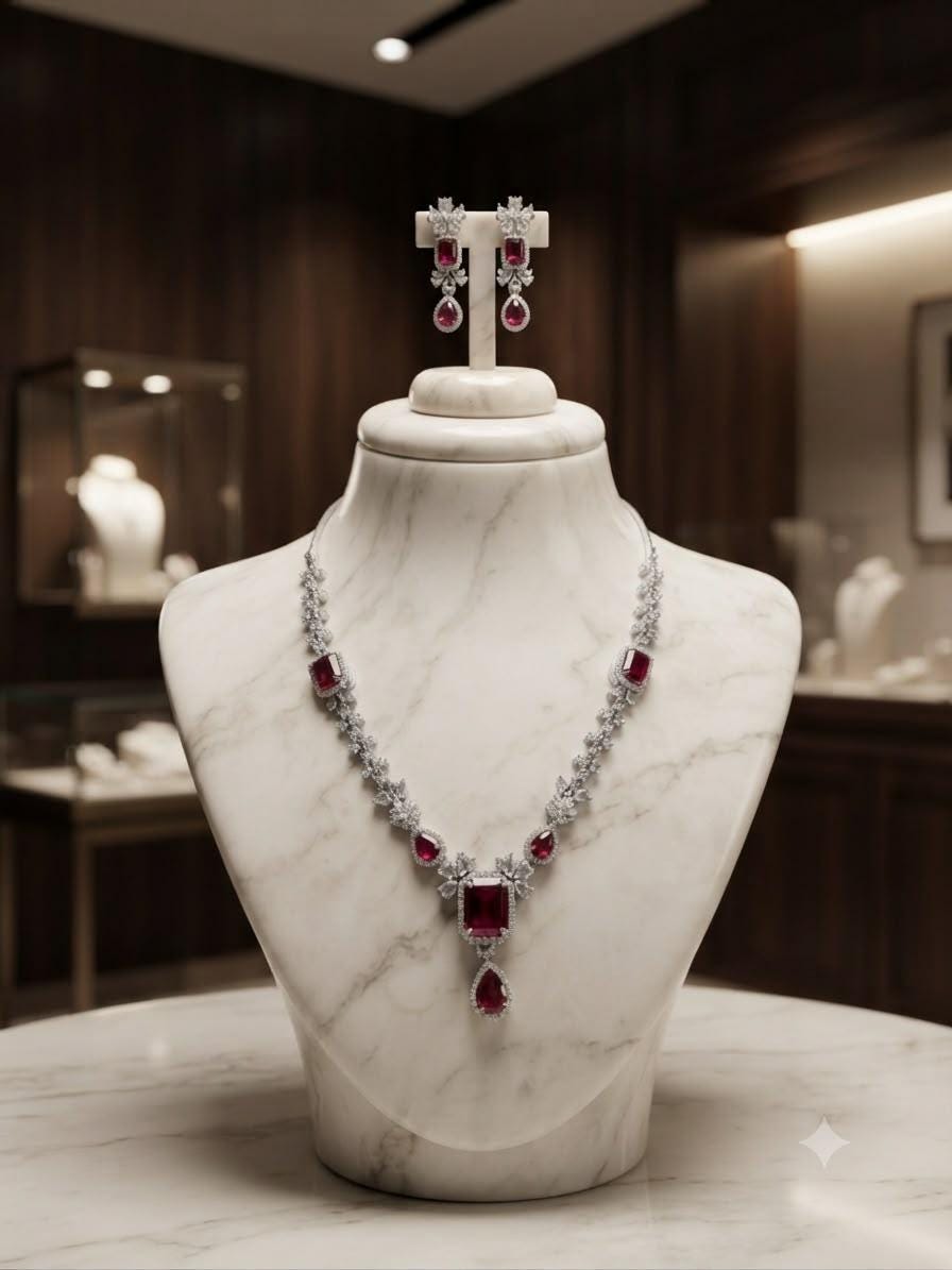 Elegant Ruby Red Wedding Jewelry Set with Silver Tone Necklace and Earrings