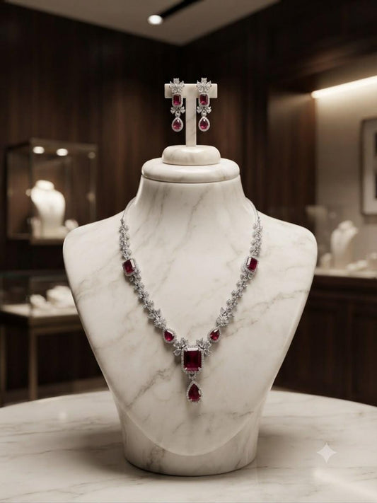 Elegant Ruby Red Wedding Jewelry Set with Silver Tone Necklace and Earrings