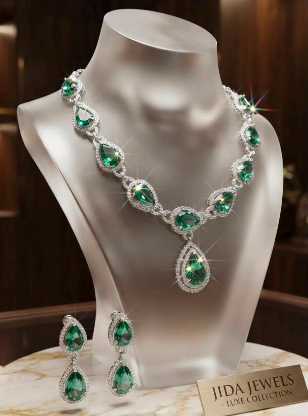 Vintage Inspired Emerald Green Necklace and Earrings Set for Women