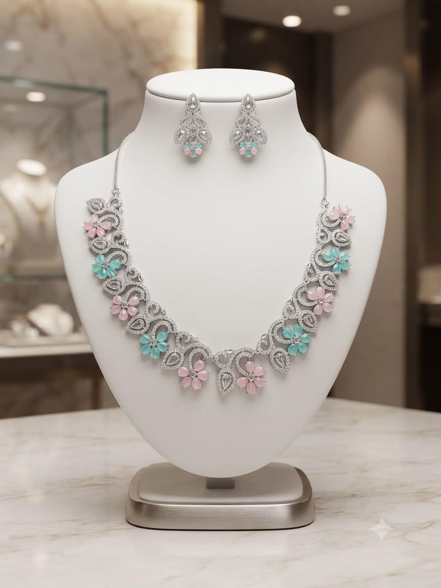Vintage Inspired Floral Jewelry Set with Ruby Pink and Emerald Stones