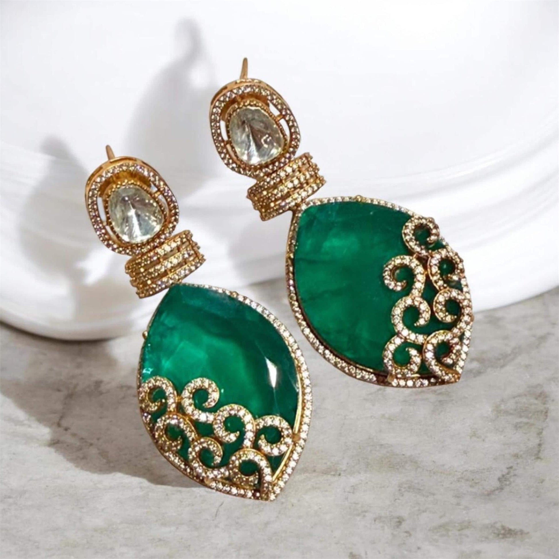 Sophisticated Emerald Drop Earrings with Premium Gold Plated Detail