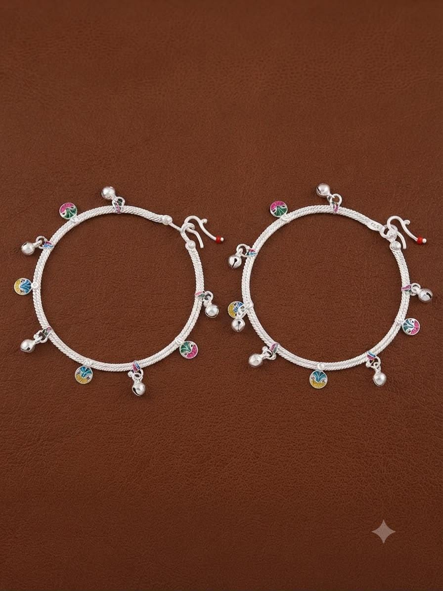 Silver plated finish Anklet Pair with Traditional Indian Detailing and Dangling Accents for Ethnic Jewelry