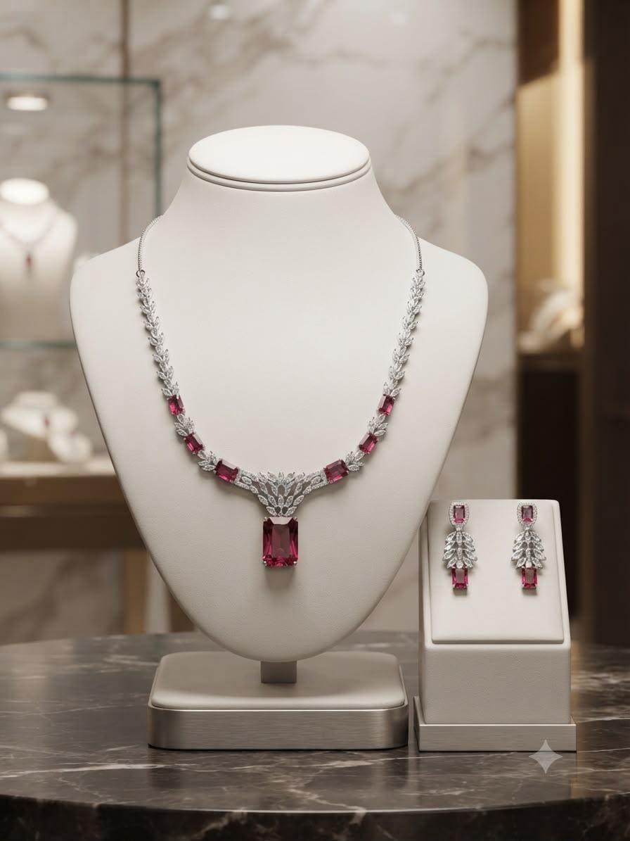 Designer Pendant Necklace Set with Geometric Cubic Zirconia Details
