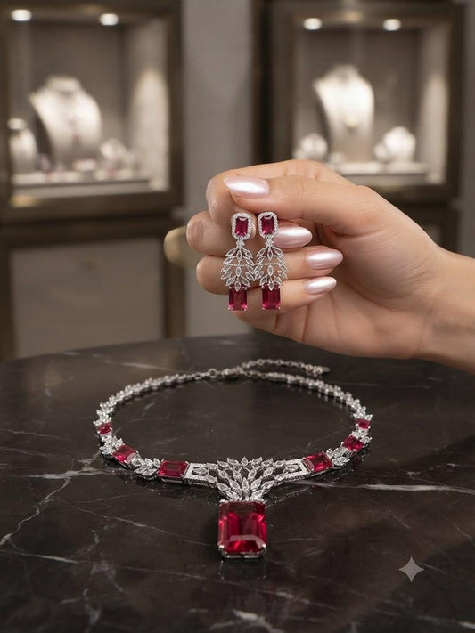 Designer Pendant Necklace Set with Geometric Cubic Zirconia Details