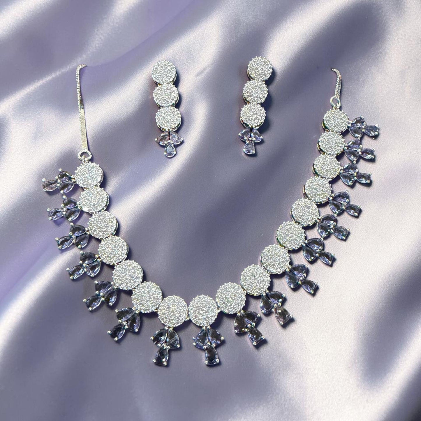 Elegant Leaf Inspired Necklace Set with Rhodium Finish and CZ Stones