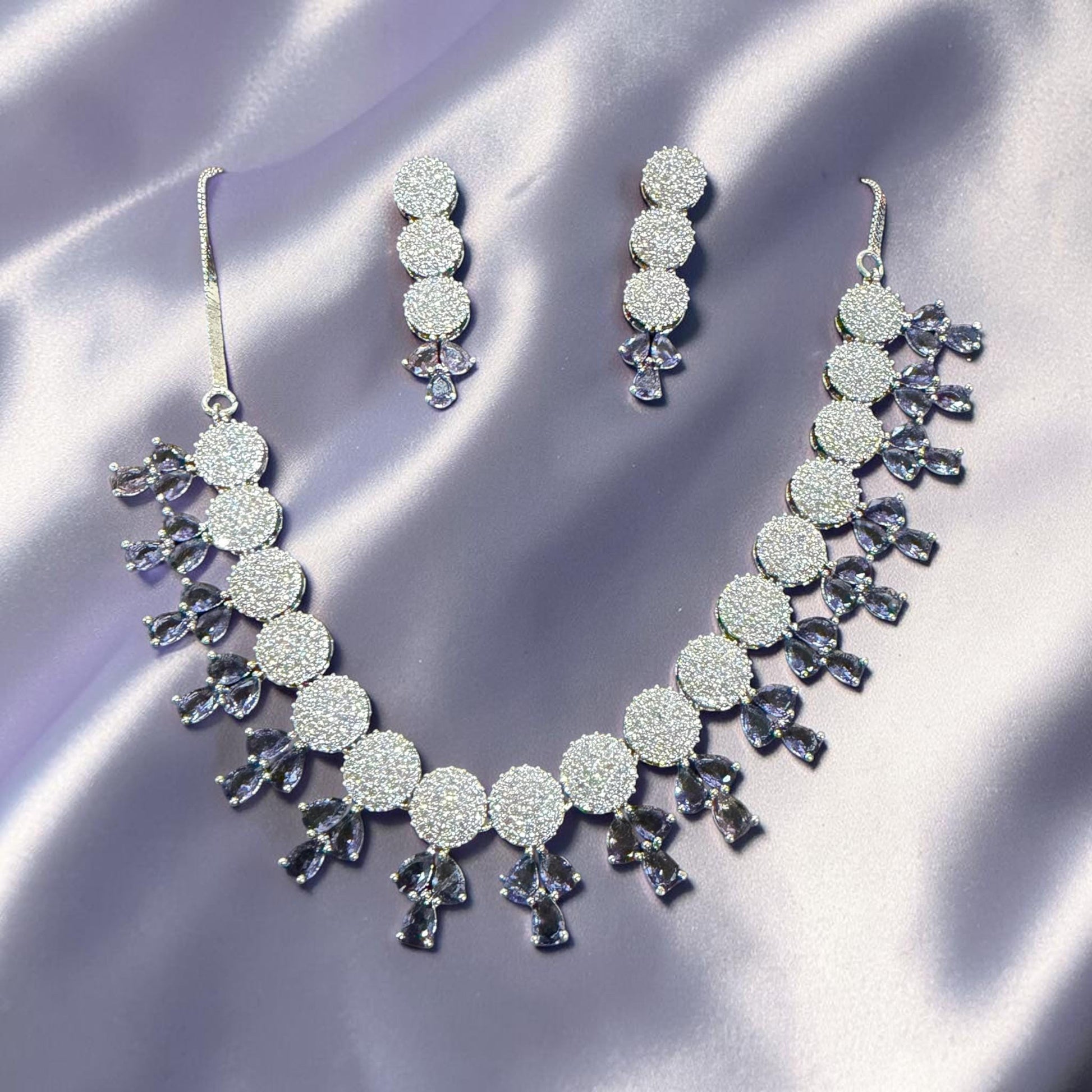 Elegant Leaf Inspired Necklace Set with Rhodium Finish and CZ Stones
