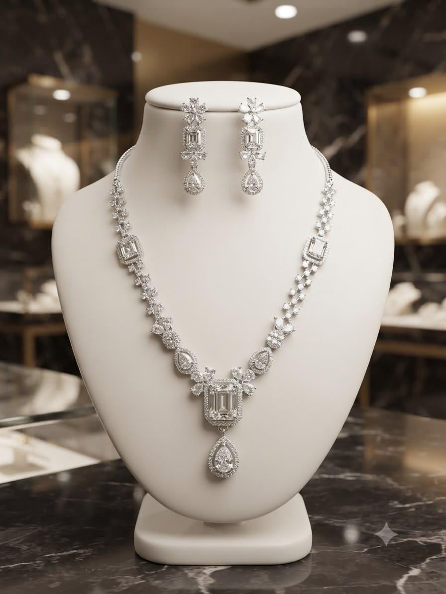 Art Deco Pendant Necklace Set with Rhodium Finish and Cubic Zirconia Drop Earrings